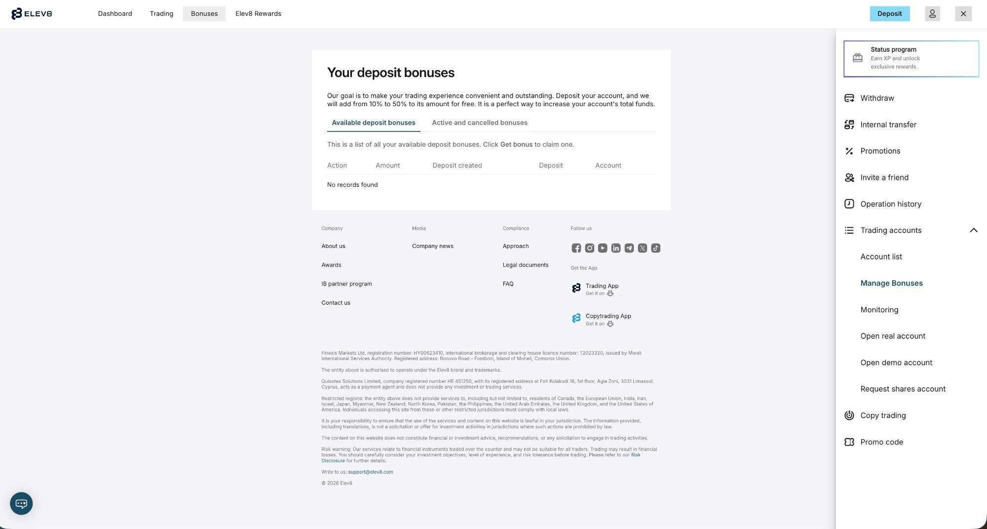 Elev8 Deposit Bonus Dashboard